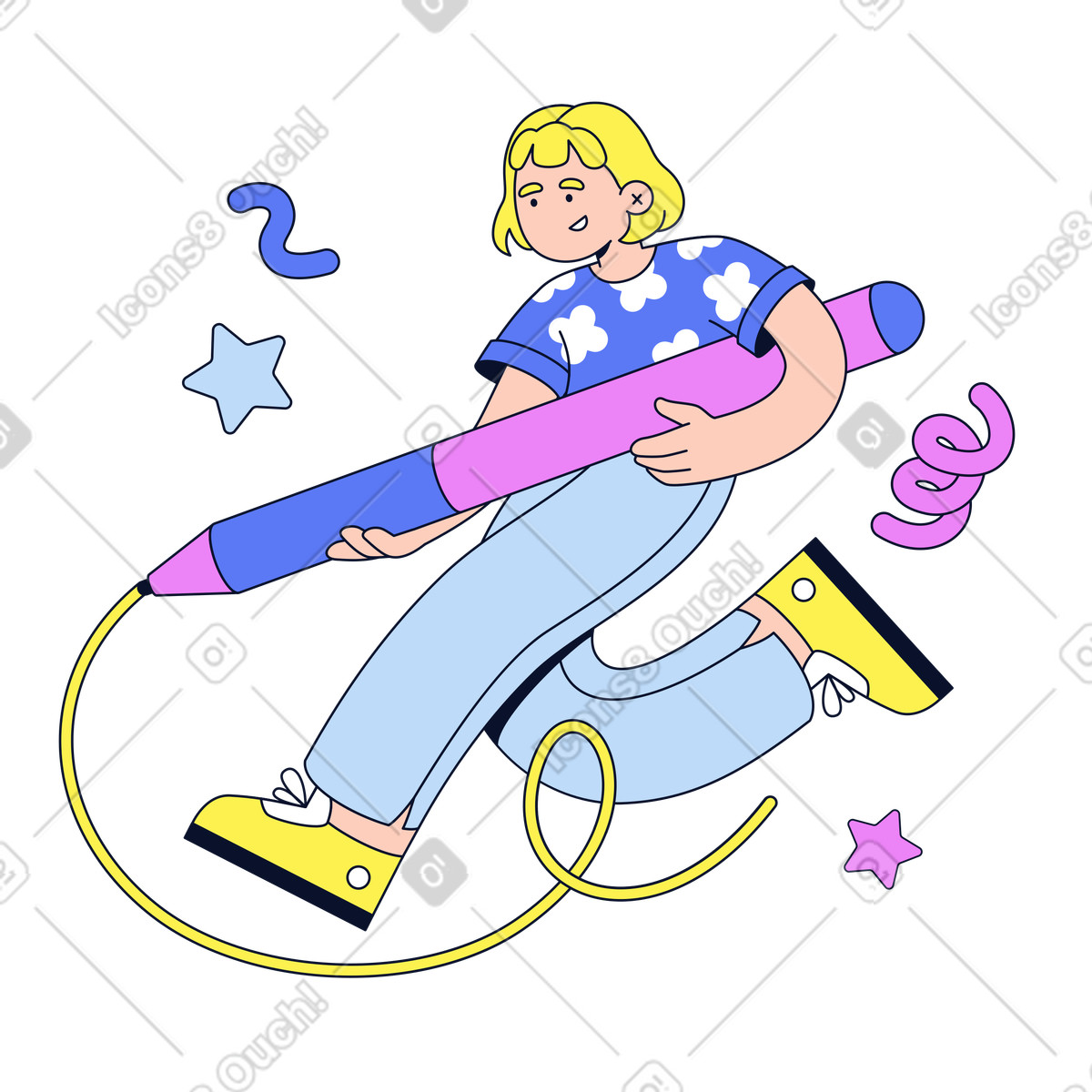 Ilustración Illustrator dibujando una línea con un lápiz, desarrollo de contenido creativo, generación ideas y lluvia en estilo Flexy a descargar en PNG SVG