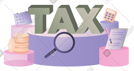 Lettering Tax with calculator, calendar and magnifying glass text ...