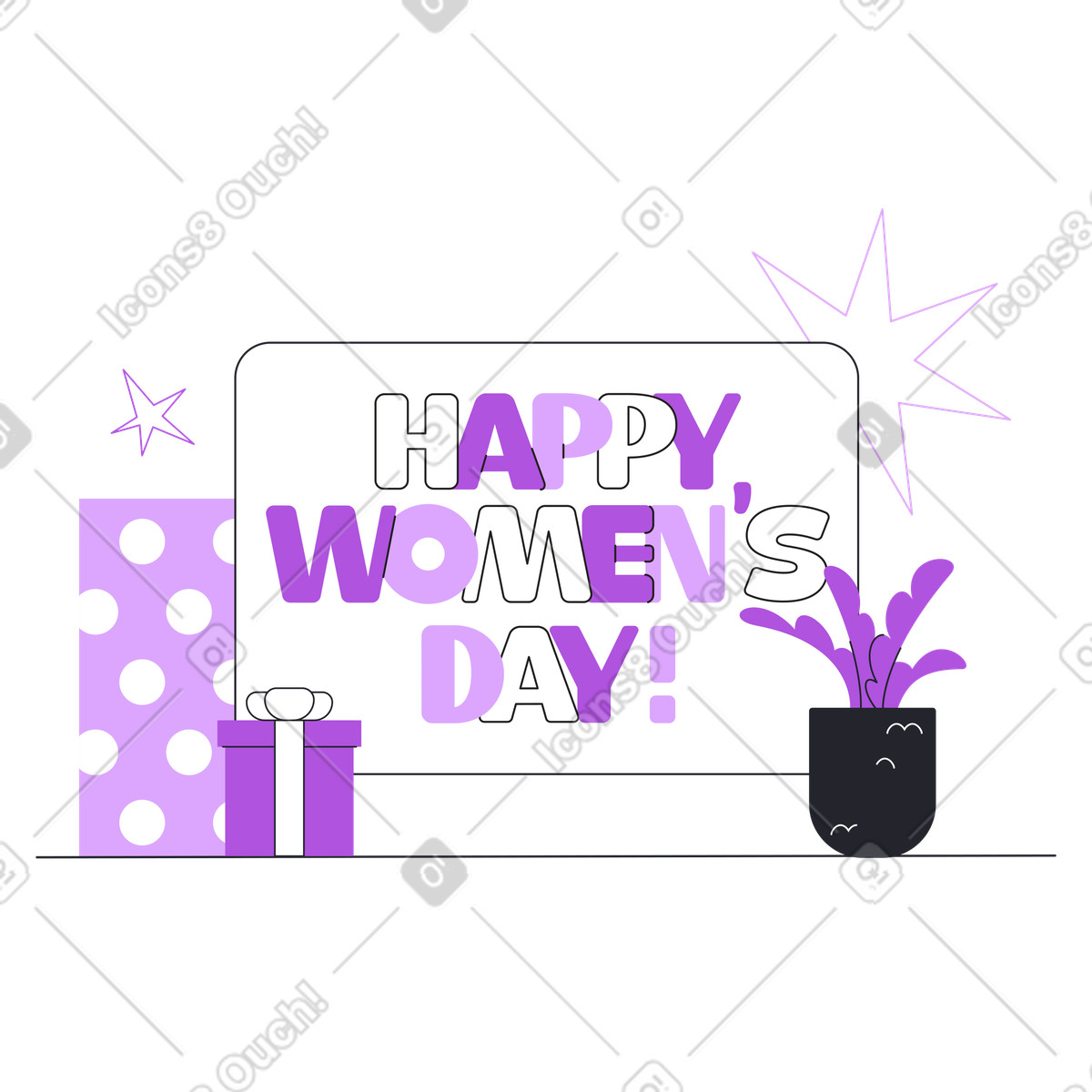 下载 Grapy 风格的 刻字妇女节快乐！带有礼物和花文字 插画，支持 PNG、SVG 格式