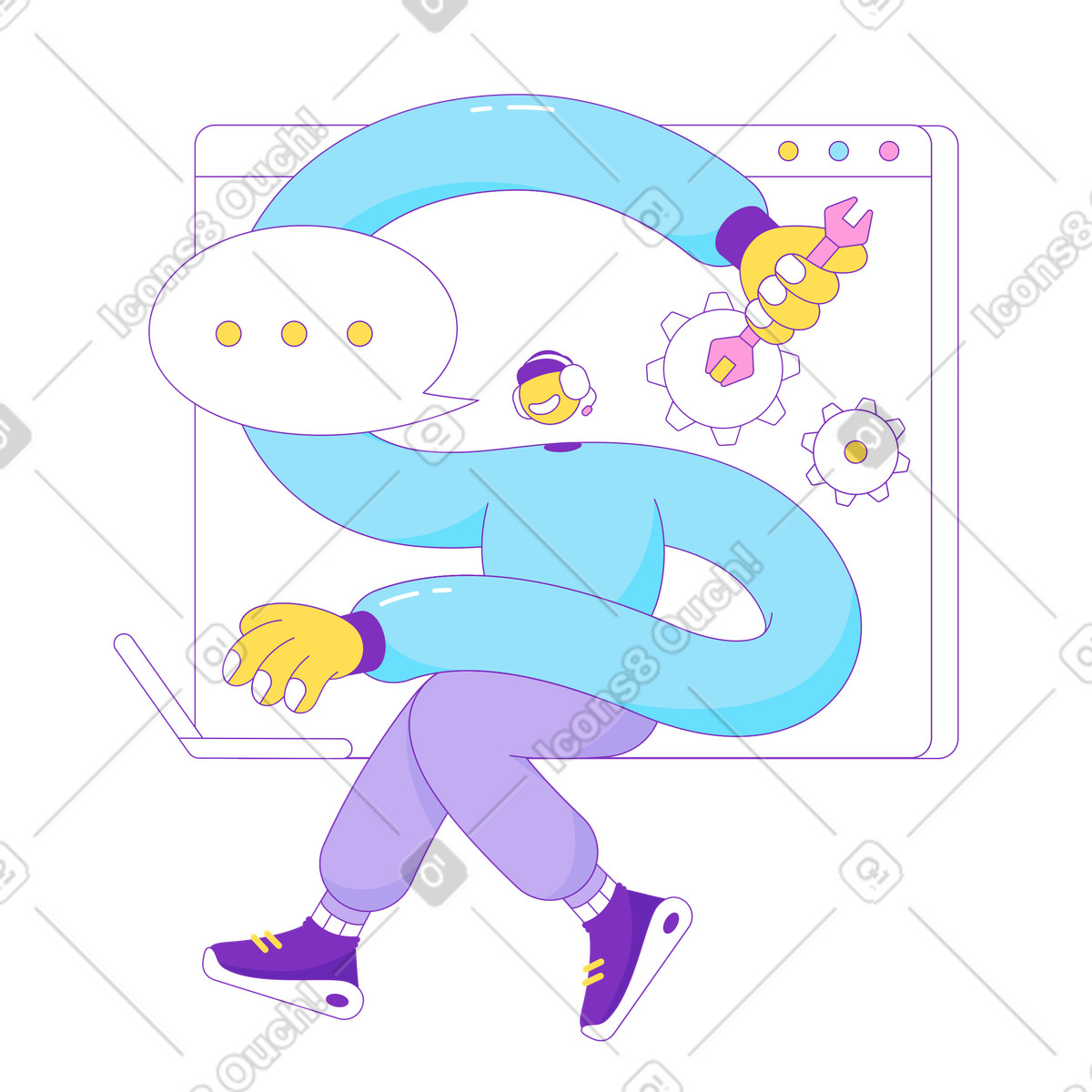 Technical support specialist sits with a laptop illustration in PNG, SVG