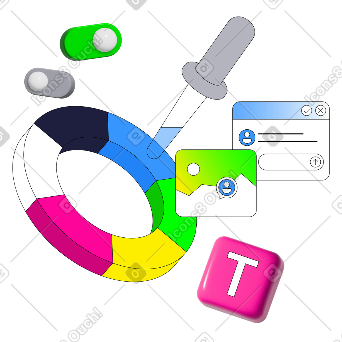 Ilustración Paleta de colores y otras herramientas diseño web en estilo Pop a descargar en PNG SVG