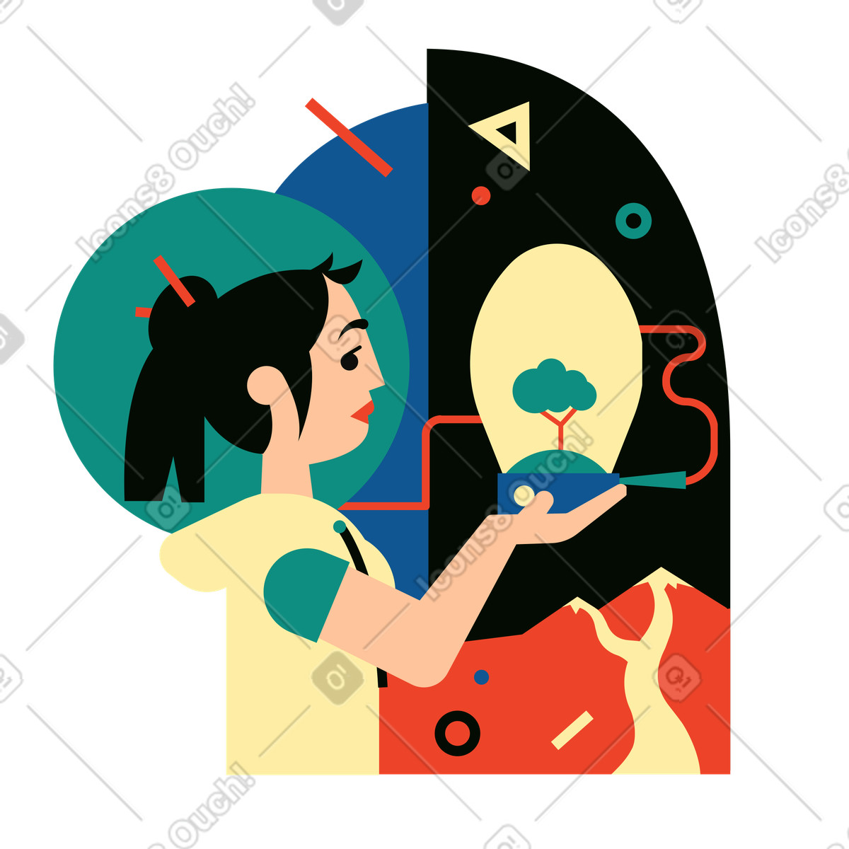 Donna che raccoglie elettricità dall'albero illustrazione in stile Polar scarica in PNG, SVG