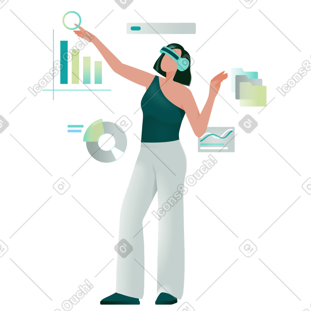 Анимированная иллюстрация Professional interacting with virtual charts and graphs, advanced data interpretation в стиле Office — скачать в форматах GIF, Lottie (JSON), AE