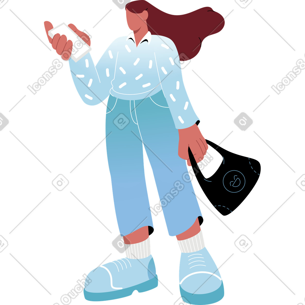 Donna con borsa e telefono illustrazione in stile Airy scarica in PNG, SVG