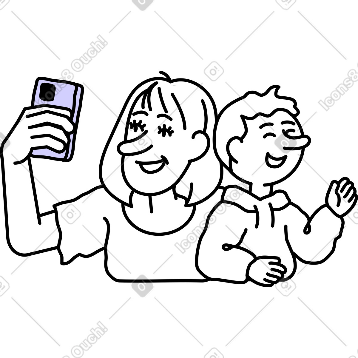 Woman and her son take selfies with the award illustration in Notes style download in PNG, SVG