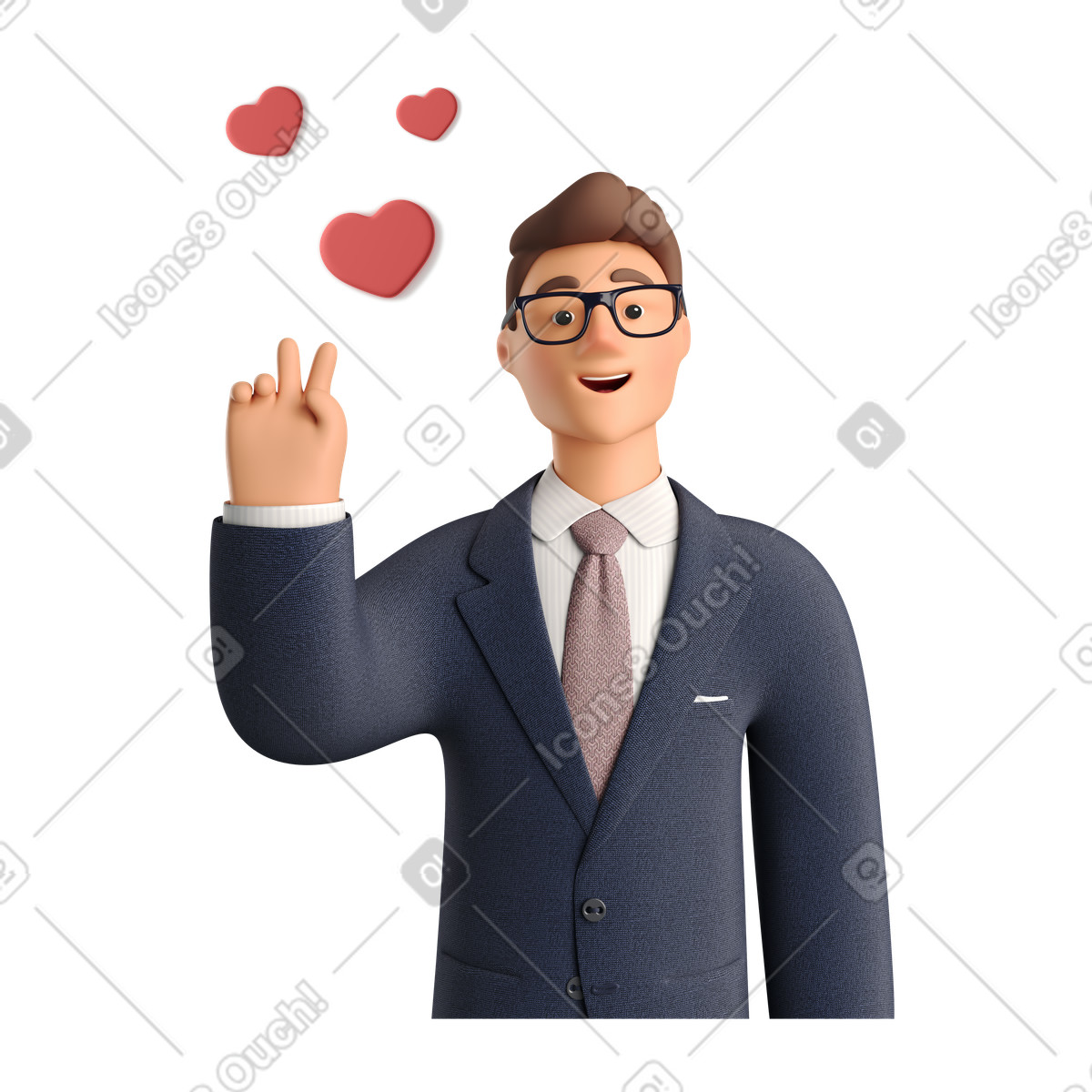 Businessman in love showing peace sign illustration 3D Business style download PNG, SVG
