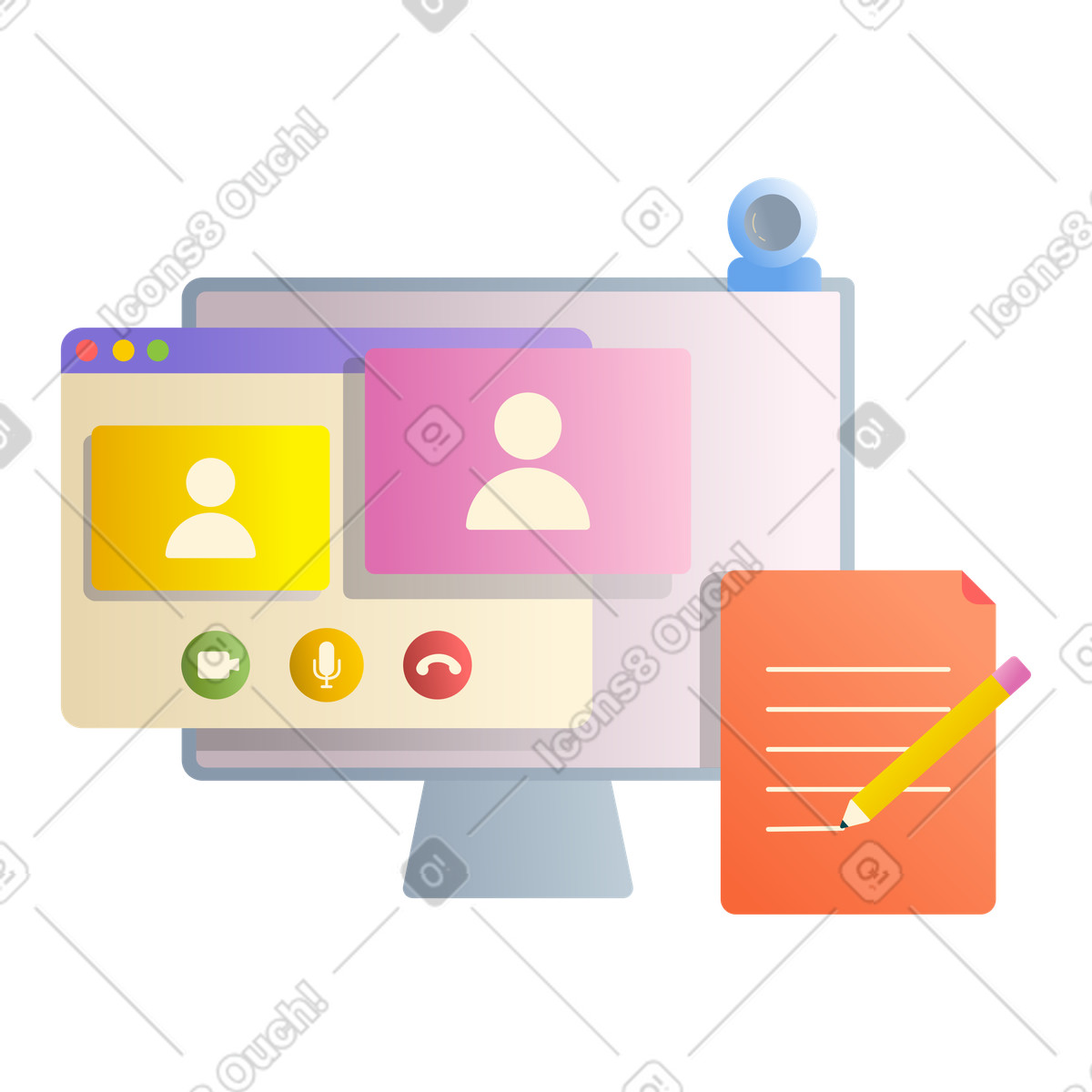 Online video conference interface and meeting notes, Remote office communication collaboration illustration in Silky style download in PNG, SVG