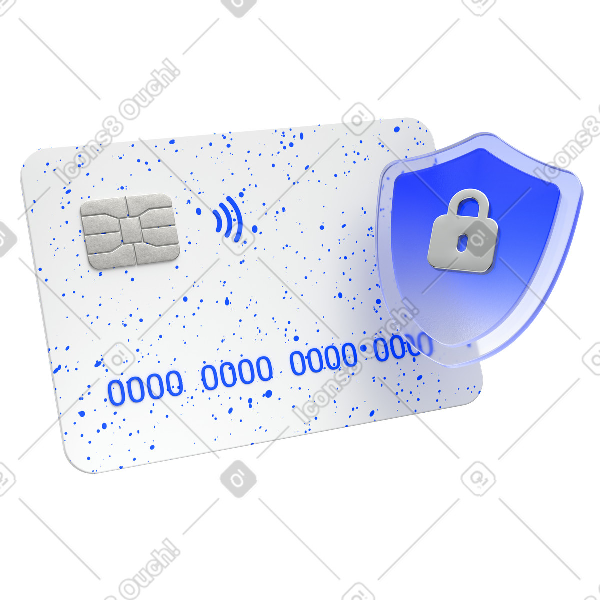 3D bank card with shield lock, payment security and data protection illustration in Enterprise style download in PNG, SVG