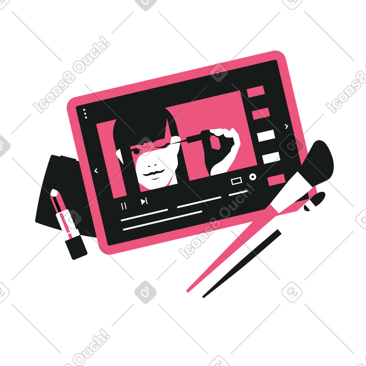 Beauty tutorial on the tablet screen, makeup brushes, lipstick and powder illustration in Lounge style download in PNG, SVG