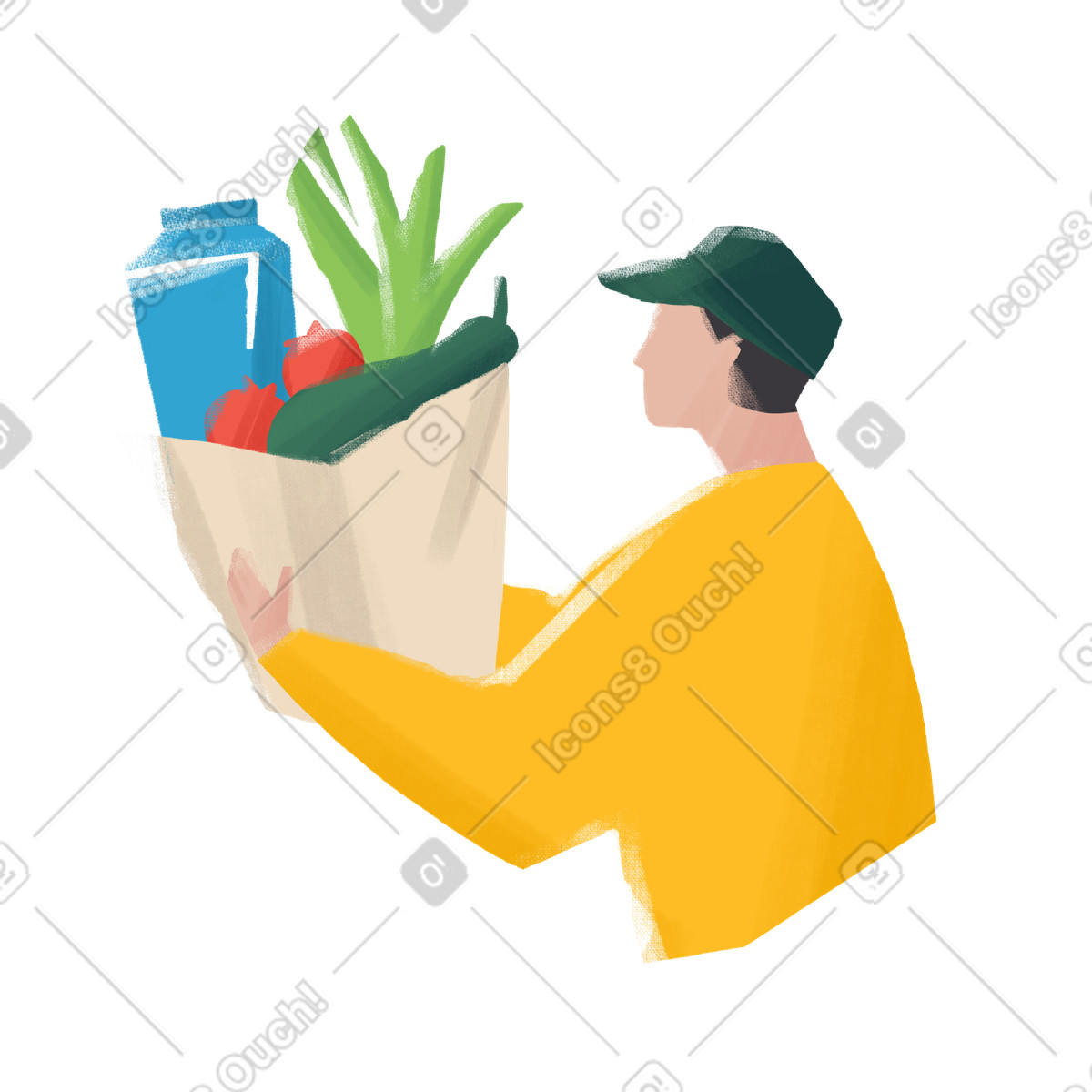 Courier in a yellow jacket delivers bag of groceries and vegetables illustration Experimental style download PNG, SVG