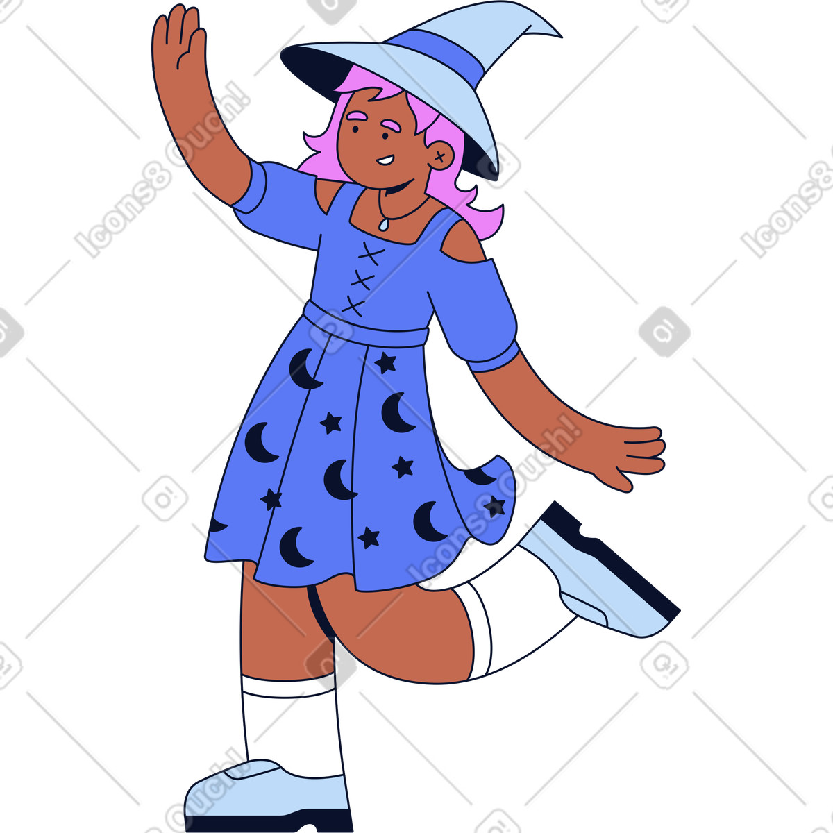 Illustration Femme en costume de sorcière dansant dans le style Flexy à télécharger aux formats PNG, SVG