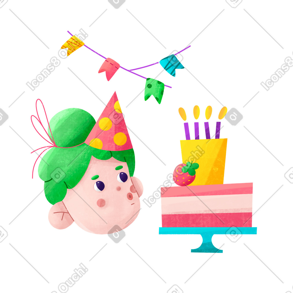 Bonbon 스타일의 Birthday celebration with blowing out candles, wish and fun event 일러스트레이션 PNG, SVG 다운로드