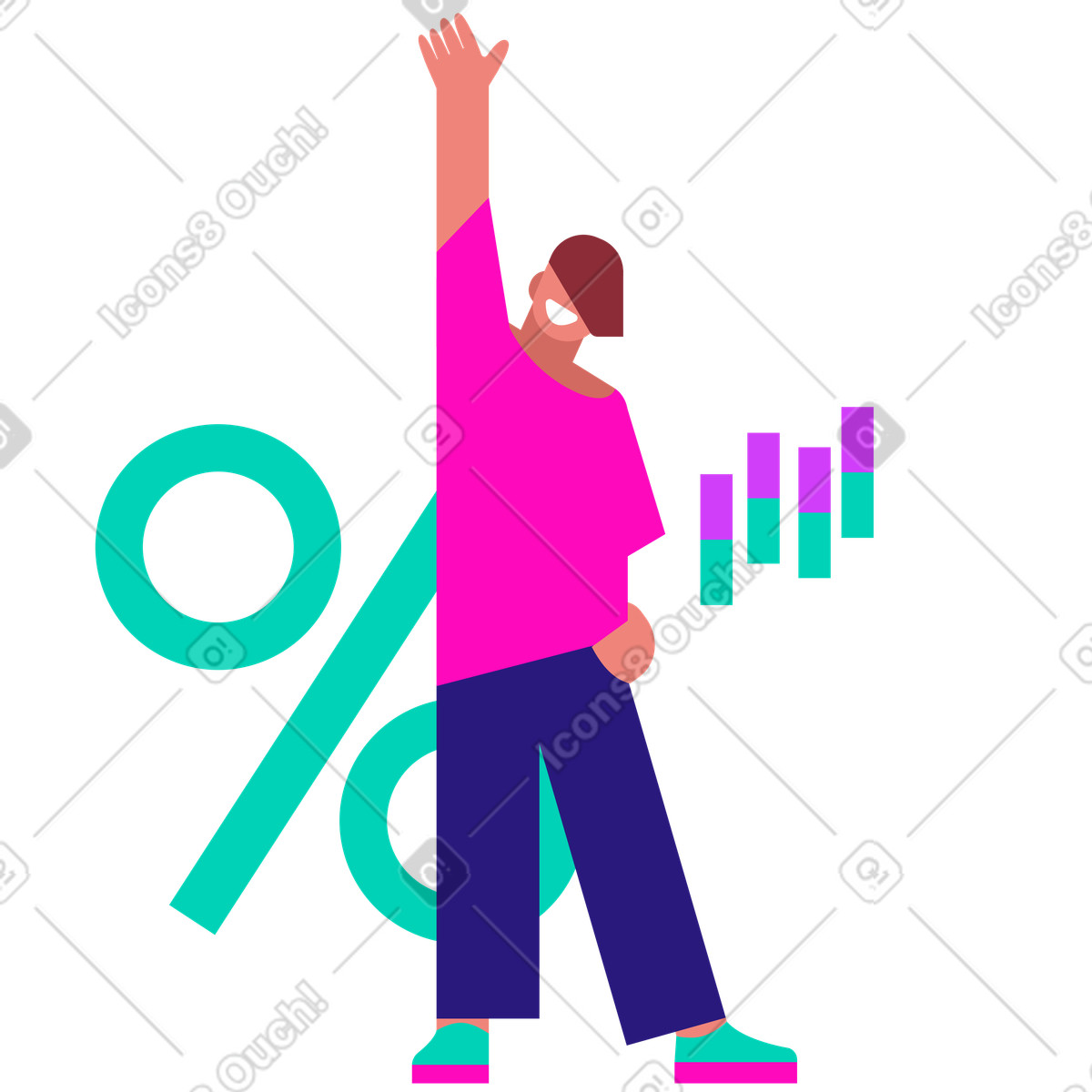 Uomo che solleva il braccio mentre grafico finanziario sale illustrazione in stile Basic scarica in PNG, SVG
