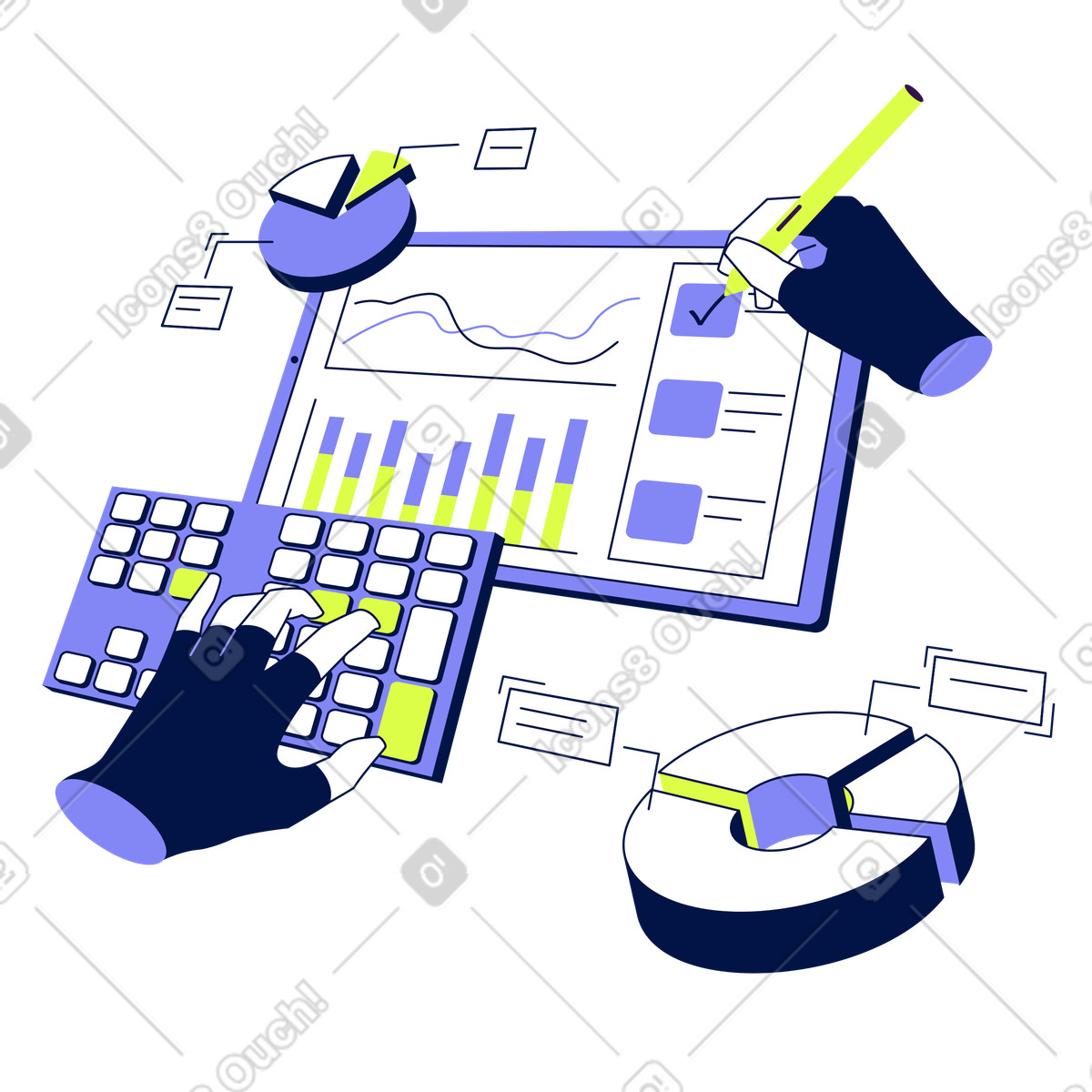 Иллюстрация Working with interactive dashboard, Data visualization and analytics в стиле Glow — скачать в форматах PNG, SVG