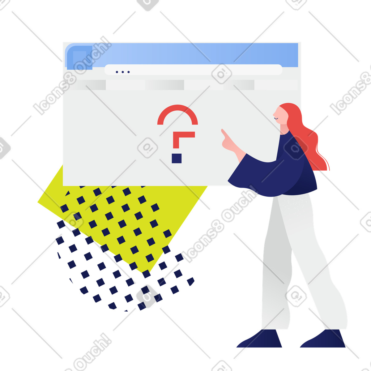 Woman asking question on website illustration in Clip style download in PNG, SVG