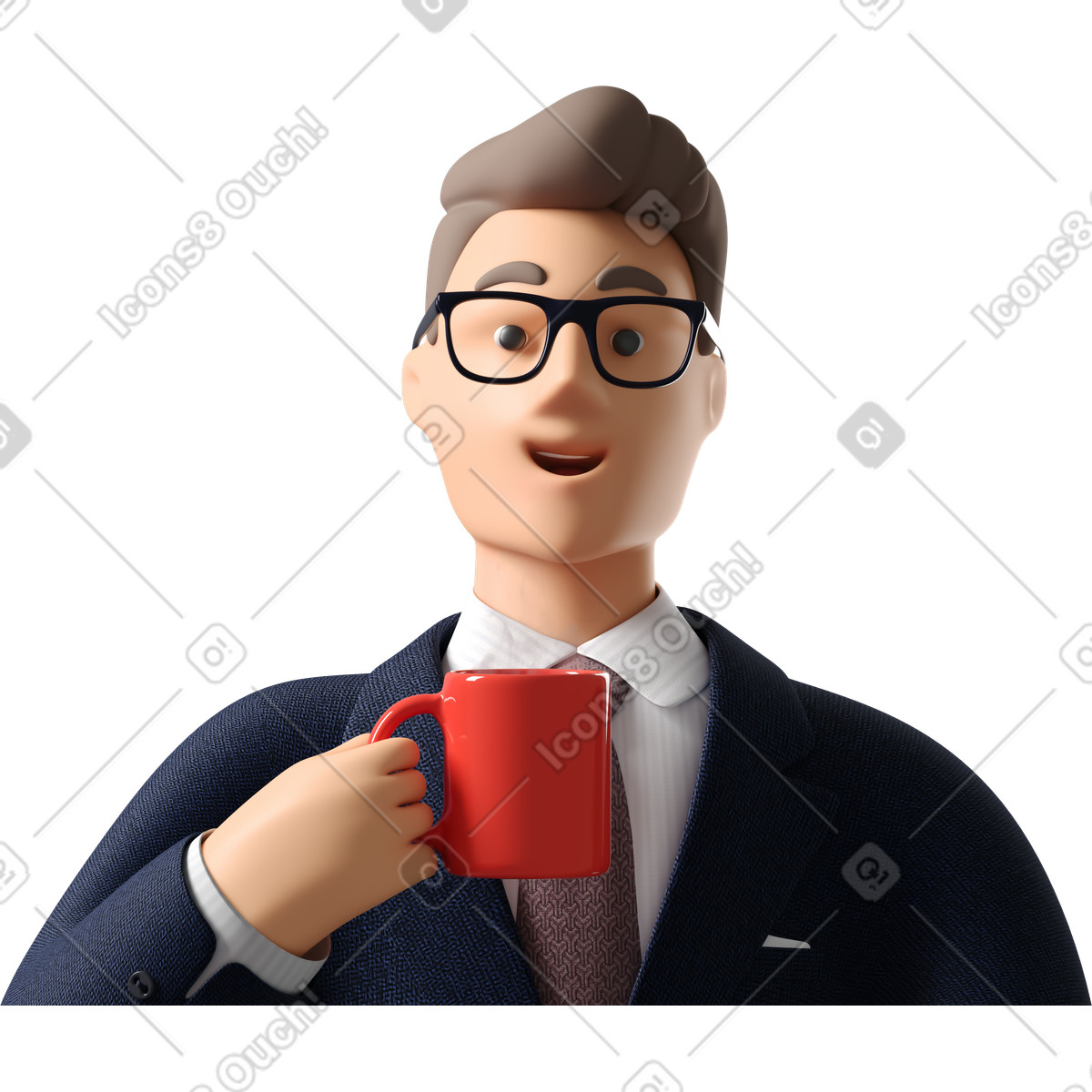 3D Business 스타일의 Close up of businessman in dark blue suit with coffee mug 일러스트레이션 PNG, SVG 다운로드