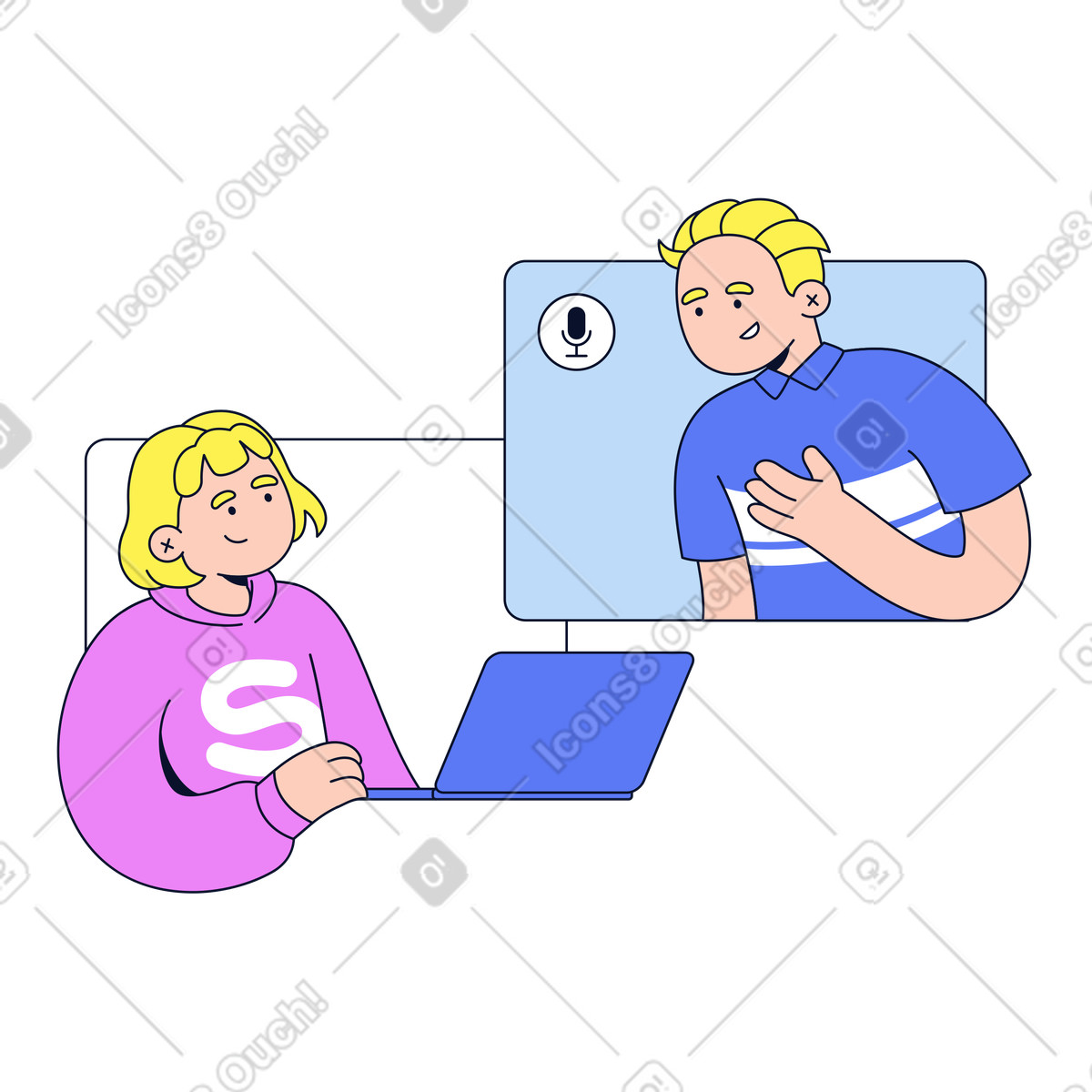 Team members chatting on video call, Remote collaboration and communication-Illustration im Flexy-Stil als Download in PNG, SVG