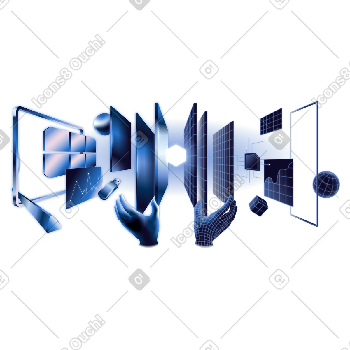 Human–AI interaction, Physical to digital transformation, Virtual reality environment illustration in Dimension style download in PNG, SVG