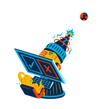 A statue holding a laptop with checkmarks - Flame style illustration