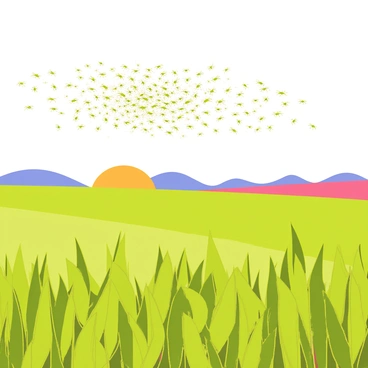 A field filled with lush green crops stretches across the foreground. Above the field, a large swarm of locusts is in motion, creating a dark cloud as they fly. The locusts are various shades of green and brown, with detailed wings and antennae. In the background, a blue sky transitions into shades of orange and pink, indicating a sunset. The crops below show signs of damage, with some plants bent and others missing leaves.