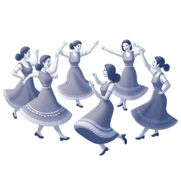 A group of traditional dancers is arranged in a circular formation, showcasing their vibrant attire. Each dancer's outfit features intricate patterns and designs, reflecting cultural heritage. Their expressions are filled with joy, highlighting the festive atmosphere. The dancers are mid-movement, with arms raised and feet positioned in dynamic poses. The background includes hints of traditional decorations, enhancing the scene's cultural context. The overall composition captures the energy and spirit of the performance.