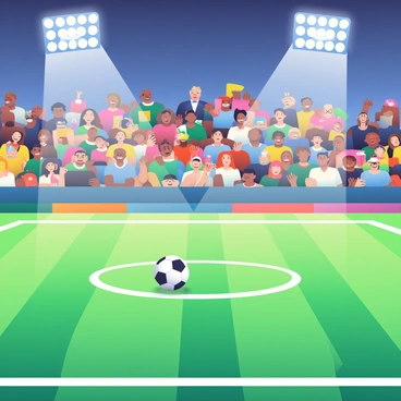 A vibrant soccer field is illuminated under bright stadium lights. The grass is a vibrant green, marked with white lines, and a soccer ball is positioned at the center. In the background, fans are cheering in the stands, wearing colorful jerseys and waving banners. Some fans have their hands raised, while others are holding drinks and snacks. The sky above is deepening into twilight, creating a striking contrast with the bright lights focusing on the field. Excited expressions are visible on the faces of the fans, enhancing the energetic atmosphere of the scene.