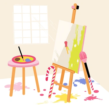 An artist's studio featuring a large wooden easel with a colorful canvas. The floor is scattered with whimsical paintbrushes made of red and white striped candy canes, leaning against the easel. A round palette filled with various melted chocolates of different shades is placed on a small table. Brightly colored splatters of candy-like paints can be seen on the floor and walls, enhancing the playful atmosphere of the studio. Sunlight streams through a window, illuminating the delightful scene.