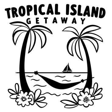A black-and-white illustration of a vintage-style travel poster. The poster features a tropical island with tall palm trees leaning slightly towards the ocean. In the foreground, there is a hammock strung between two trees, inviting relaxation. "Tropical Island Getaway" is prominently displayed at the top in bold letters. Gentle waves lap at the shore, and a sailboat is visible on the horizon. There are tropical flowers and leaves framing the bottom of the poster.