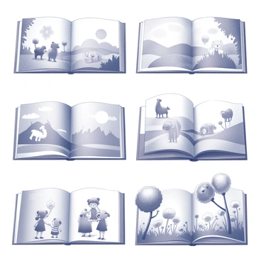 A collection of vivid illustrations designed for a children's book. Each illustration depicts a different theme, featuring elements such as animals, nature, and adventure. One scene shows a group of playful animals gathered in a lush forest, interacting with one another. Another illustration presents a whimsical landscape with rolling hills and a bright sun shining down. A third image features children exploring a magical garden filled with oversized flowers and friendly creatures. Each illustration captures a sense of wonder and joy, inviting young readers to immerse themselves in the stories.