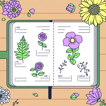 A notebook is open on a wooden table, filled with illustrations of various plants and flowers. On the left page, there are detailed sketches of a fern, a sunflower, and a rose, each labeled neatly next to their drawings. The right page features a colorful illustration of a violet with accompanying notes about its habitat and care. There are also small doodles of leaves and vines along the margins. The notebook has a textured cover and is surrounded by an assortment of dried flowers, creating a natural and organic atmosphere.