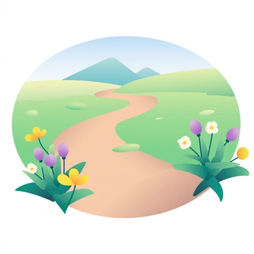 A winding dirt trail leads up a grassy hillside, framed by patches of green grass and blooming wildflowers in various colors including yellow, purple, and white. The trail curves gently, inviting exploration, and is bordered by clusters of vibrant flowers swaying in a light breeze. In the distance, the hillside rises gently against a clear blue sky, creating a sense of depth and inviting the viewer to imagine the views from the top. Sunlight casts soft shadows, highlighting the texture of the grass and the delicate petals of the flowers.