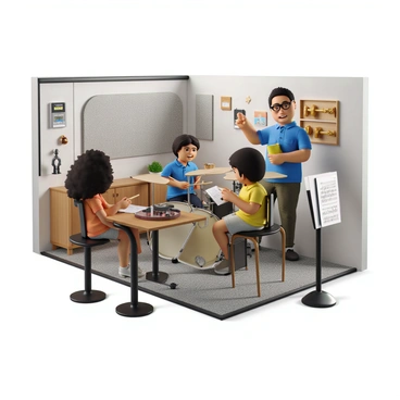 A music teacher with short black hair, wearing glasses and a blue polo shirt, is standing next to a student sitting on a stool. The student, a young girl with long curly hair, is focused on the drum set in front of her. The room is soundproofed with padded walls and various musical instruments displayed on shelves. The teacher is pointing at the drum kit, demonstrating a rhythm with an expressive hand gesture. The student has drumsticks in hand, ready to play, with sheet music on a stand in front of her. There are musical notes and a metronome on the music stand, emphasizing the lesson's focus.