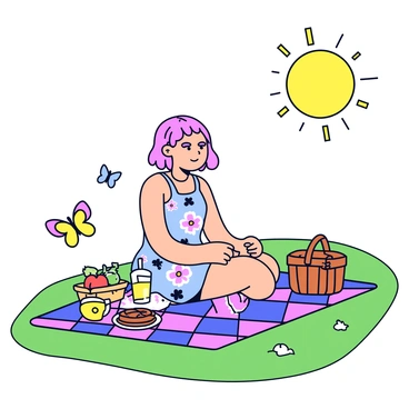 A girl sitting on a checkered picnic blanket under a bright sun. She is wearing a colorful summer dress with floral patterns. Around her, there are various picnic items, including a wicker basket filled with fruit, a bottle of lemonade, and a few sandwiches. The grass underneath is a vibrant green, and there are a couple of colorful butterflies fluttering nearby.