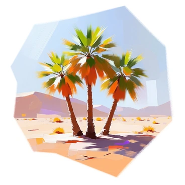 A palm grove with tall, lush green palm trees standing prominently in the center of a barren desert landscape. The palm leaves create a thick canopy, casting dappled shadows on the sandy ground below. The surrounding desert is vast and arid, with dry, cracked earth and sparse vegetation. The contrast between the vibrant greenery of the palm grove and the muted tones of the desert highlights the oasis-like quality of the scene. Sunlight filters through the palm fronds, creating patterns of light and shadow on the ground.