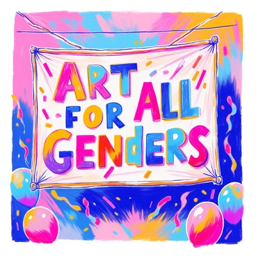 A large banner is displayed prominently, featuring a vibrant array of bright colors. The background is a blend of bold hues, creating a lively atmosphere. In the center, the message "Art for All Genders" is painted in large, expressive letters. The text is filled with various patterns and textures, making it stand out against the colorful backdrop. The banner is hanging from a wooden frame, with two ropes securing it to the frame. Surrounding the banner are smaller decorations, such as colorful streamers and balloons, enhancing the celebratory feel of the scene.