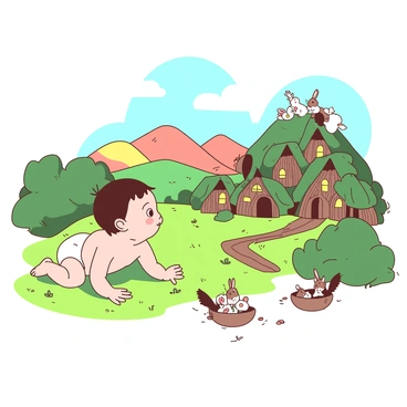 A baby is crawling on soft green grass, looking curiously at a hidden village nestled among rolling hills. The village is made up of small, rounded houses constructed from twigs and leaves, with tiny windows glowing warmly. Various small, friendly creatures, resembling a mix of rabbits and squirrels, are bustling around the village; some are carrying colorful flowers while others are playing together. In the background, colorful hills rise gently, and the sky is bright with fluffy white clouds. The atmosphere is lively as the baby reaches out, captivated by the cheerful scene.