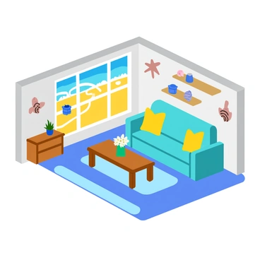 An isometric view of a coastal-themed living room with a large window showing an expansive beach view with golden sand and gentle waves. The room is adorned with various seashell decor scattered on shelves and tables, including starfish and conch shells. The walls are painted in soft pastel colors, while the furniture features light-colored upholstery with a beachy vibe. A cozy, light blue sofa is positioned in the center, complemented by pale yellow throw pillows. A wooden coffee table sits in front of the sofa, decorated with a small vase holding fresh, white flowers.