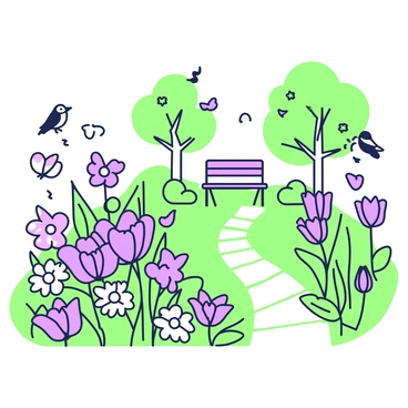 A blooming garden filled with various flowers in full bloom. In the foreground, there are clusters of vibrant flowers, including daisies and tulips. Several butterflies are fluttering around, with some landing on the flowers. In the background, there are trees with green leaves, and a couple of birds perched on the branches. The birds are depicted in mid-song, with their beaks open. A winding path made of stones runs through the garden, leading to a small wooden bench situated under a tree.