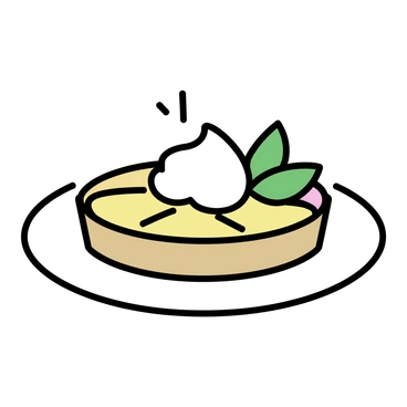 A round, elegant plate featuring a peach tart. The tart has a golden-brown crust and is filled with sliced peaches arranged in a circular pattern. On top of the tart, there is a generous dollop of white whipped cream. Bright green mint leaves are artfully placed beside the whipped cream, adding a pop of color. The plate is simple and white, enhancing the vibrant colors of the tart and its toppings.