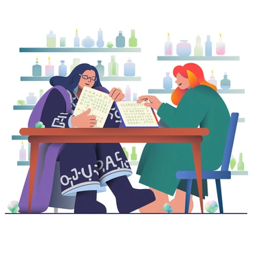 Two witches are sitting at an ornate wooden table covered with mystical artifacts. One witch has long, flowing black hair and is wearing a dark purple robe adorned with silver patterns. She is intently reading from a large, open book of ancient runes. The other witch, with short red hair and a green robe, is leaning closer to the book, her finger tracing the inscriptions. Flickering candlelight illuminates their faces, casting soft shadows around the room filled with shelves of potion bottles and herbs. The ambiance is enhanced by a few glowing crystals scattered on the table, adding an ethereal glow to the scene.