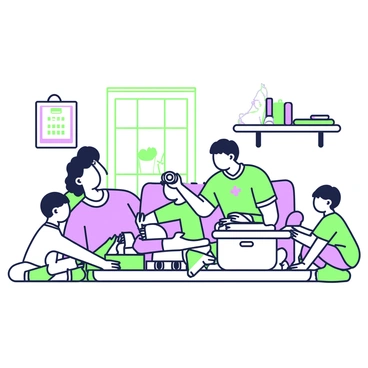 A family is gathered in their living room, actively creating an emergency preparedness kit. In the center, there is a large table covered with various items. A mother is placing a flashlight and batteries into a sturdy container. A father is sitting on the floor, organizing first-aid supplies and non-perishable food items. Two children are helping by folding blankets and sorting through a pile of essential documents. In the background, a shelf holds books and a calendar, while a window lets in natural light.