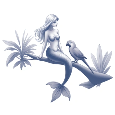 A mermaid with long flowing hair is sitting on a branch that extends over a body of water. She has scales on her tail that shimmer in the light. Next to her, a tropical parrot is perched on the same branch, with bright plumage and a curved beak. The scene captures the moment with the water below reflecting the shapes of both the mermaid and the parrot, creating an intricate interplay of forms. The surrounding environment features lush tropical foliage, framing the branch where they sit.