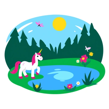 A tranquil pond with a shimmering surface reflecting a bright full moon. The water is surrounded by lush greenery and colorful flowers. Various mythical creatures can be seen near the pond; a graceful unicorn stands on the edge, its mane flowing in the gentle breeze, while a playful dragonflies zip around. A small fairy with delicate wings flits above the flowers, adding a touch of magic to the scene. In the background, silhouettes of trees frame the moonlit sky, enhancing the enchanting atmosphere.