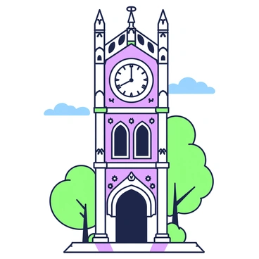 A towering ancient clock tower stands prominently with intricate ornate detailing on its surface. The clock face is large and displays Roman numerals, framed by elaborate carvings. The tower's structure features several archways and decorative elements like gargoyles and floral motifs. The surrounding area has a few trees with green foliage, and the scene is set against a clear blue sky that emphasizes the clock tower's grandeur.