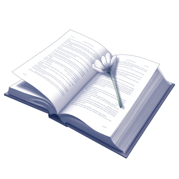 An open book lies on a wooden table, its pages slightly curled at the edges. The text on the pages is clearly visible, revealing lines of printed words. Between the pages, a pressed flower is placed as a bookmark. The flower has delicate petals and intricate details, showcasing its natural beauty. The book’s cover is worn, indicating it has been well-loved. The overall composition creates a charming and inviting atmosphere.