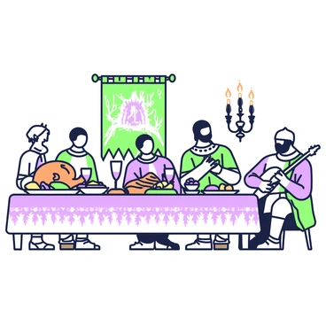 A medieval feast is taking place on a long wooden table covered with an ornate cloth. The table is laden with various foods, including roasted meats, bread, and fruits. To the left, there is a large roasted turkey, surrounded by platters of colorful vegetables and bowls of stews. Wine is poured into goblets made of silver, reflecting the festive atmosphere. Several people are seated around the table, dressed in intricate medieval clothing. On the right, a minstrel is playing a lute, entertaining the guests. Candles in wrought iron holders illuminate the scene, casting dancing shadows across the illustration. A tapestry hangs in the background, depicting a hunting scene, adding to the medieval theme.