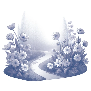 A garden filled with various types of flowers, each with distinct shapes and sizes. The blossoms are plentiful and arranged in clusters, showcasing their intricate petals. Tiny fairies, depicted as delicate winged figures, are seen flitting among the flowers, with some hovering close to the petals and others perched on leaves. The garden has a winding path that meanders through the lush greenery, with soft shadows cast by the foliage above. Sunlight filters through the leaves, creating a dappled light effect on the ground.