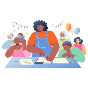 An illustrator with light brown skin and curly black hair is standing at a table conducting a workshop at a fair. She is wearing a bright orange t-shirt and denim overalls. In front of her, there are sheets of white paper and a variety of colored pencils scattered across the table. A small group of diverse attendees, including a child with glasses and an older woman with gray hair, are eagerly listening and practicing their drawing skills. Balloons and colorful decorations are visible in the background, adding a festive atmosphere to the scene. The illustrator is demonstrating a drawing technique with a sketchbook opened in front of her.