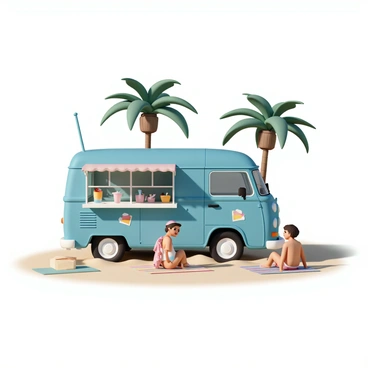 A vibrant blue van with colorful graphics is parked on the sandy beach, serving tropical drinks. The van has large windows displaying various fruit garnished drinks. In the background, there are tall green palm trees swaying gently in the breeze. The sunlight casts warm shadows on the sand, and a few beachgoers are seen enjoying their drinks while seated on colorful beach towels nearby.
