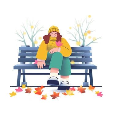 A woman with light skin and long brown hair is sitting on a park bench. She is wearing a thick, knitted scarf in shades of mustard yellow and a matching wool hat. She has a warm smile and is gazing thoughtfully at the ground. The bench is made of dark wood and is surrounded by a vibrant carpet of fallen autumn leaves in various shades of red, orange, and brown. In the background, there are bare trees with a few remaining golden leaves, and the sky above is a soft gray.